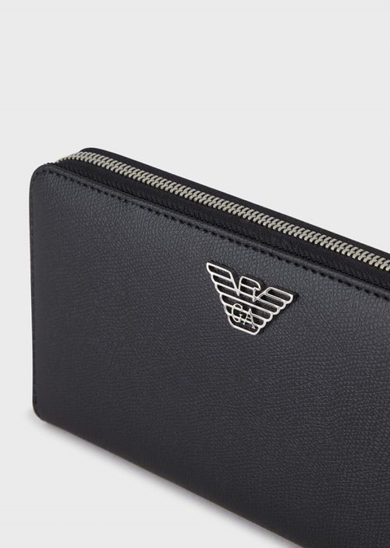 Black Emporio Armani Wraparound Zip Wallet With Eagle Plaque | EA-SN59271