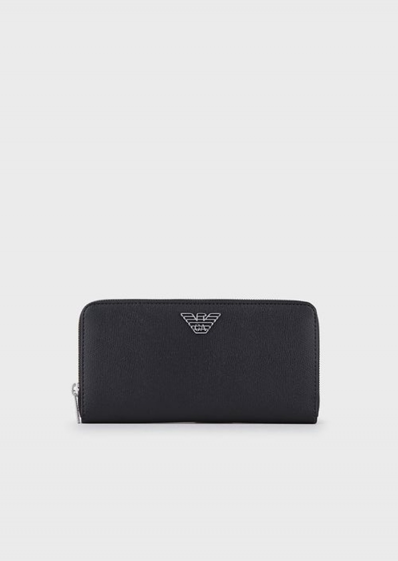 Black Emporio Armani Wraparound Zip Wallet With Eagle Plaque | EA-SN59271