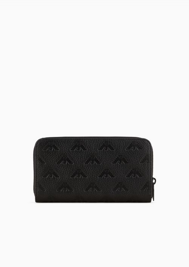 Black Emporio Armani Zip-around Leather Wallet With All-over Embossed Eagle | EA-SN59307