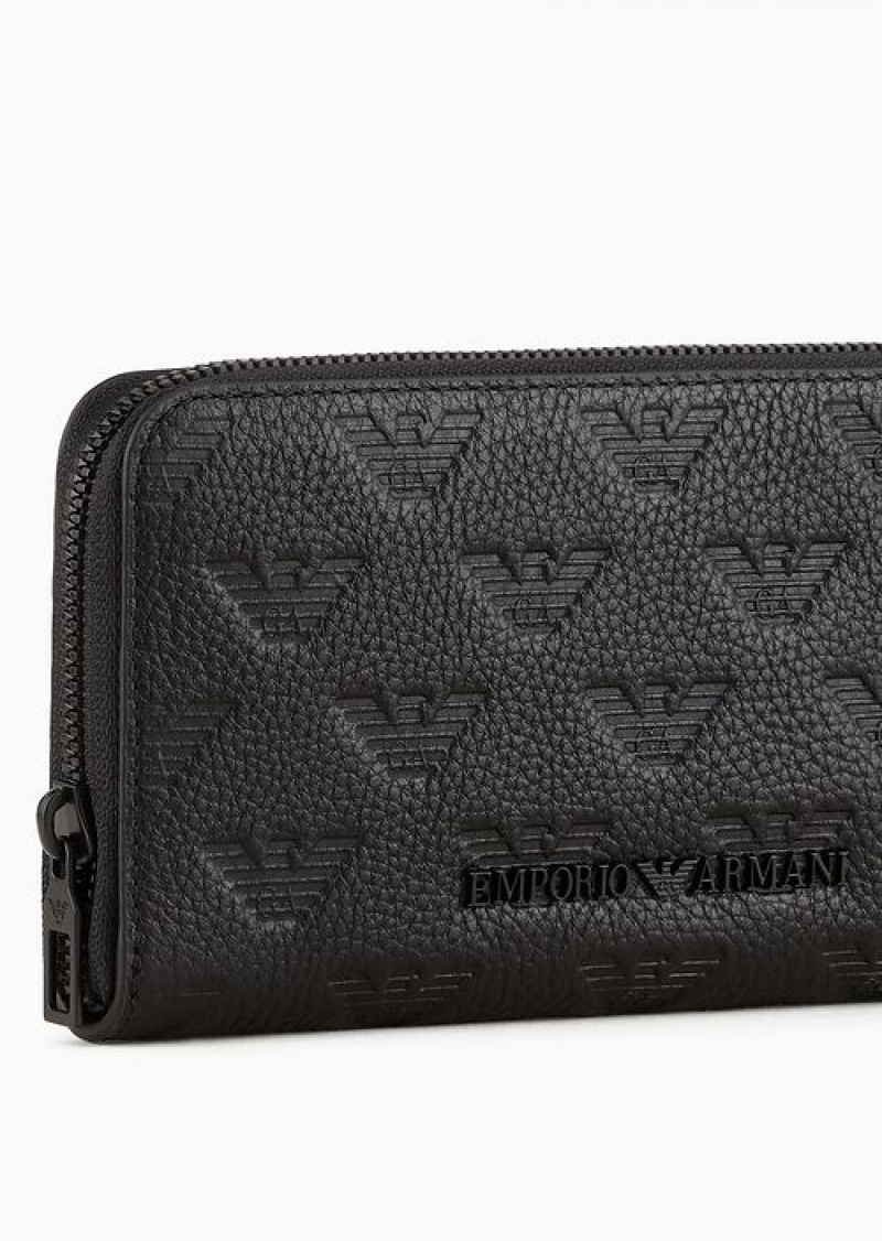 Black Emporio Armani Zip-around Leather Wallet With All-over Embossed Eagle | EA-SN59307