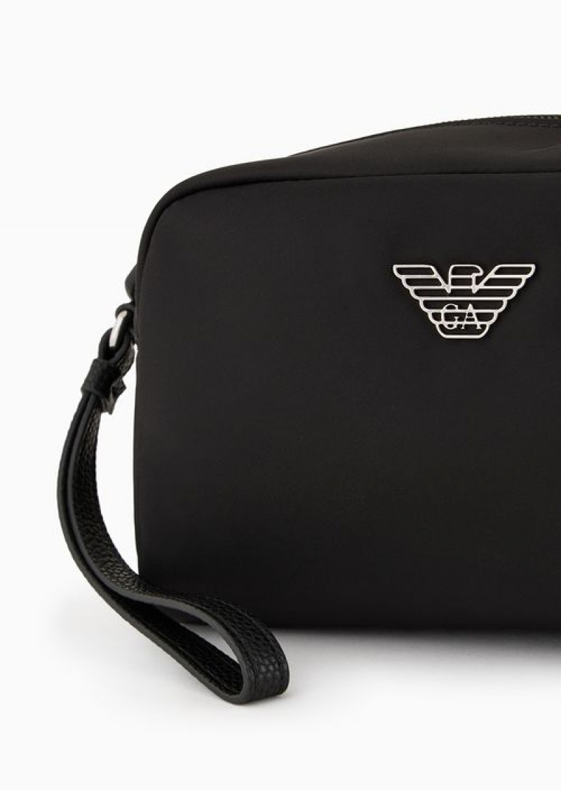 Black Logo Emporio Armani Asv Recycled Nylon Washbag With Eagle Plaque | EA-SN57610