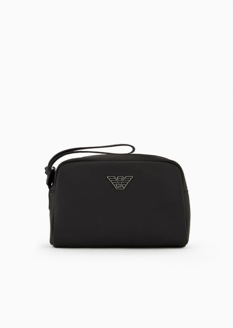 Black Logo Emporio Armani Asv Recycled Nylon Washbag With Eagle Plaque | EA-SN57610