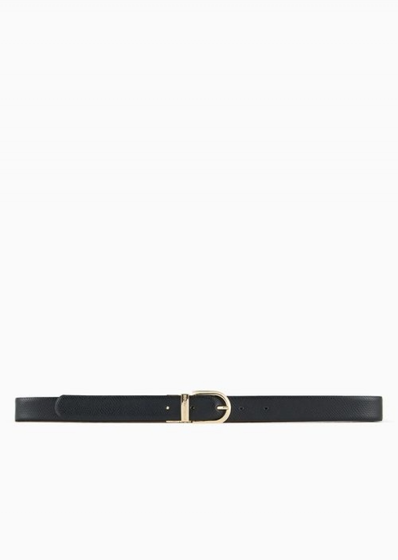 Black Logo Emporio Armani Deer-print And Palmellato Leather Reversible Belt | EA-SN57451