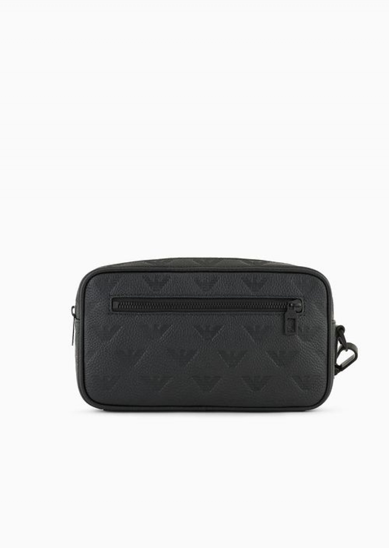 Black Logo Emporio Armani Leather Washbag With All-over Embossed Eagle | EA-SN59263