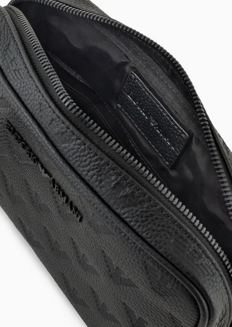 Black Logo Emporio Armani Leather Washbag With All-over Embossed Eagle | EA-SN59263