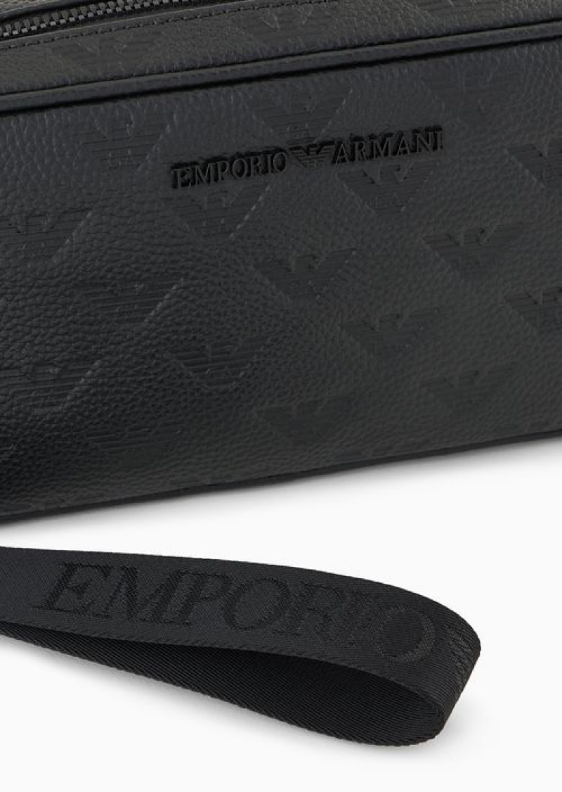 Black Logo Emporio Armani Leather Washbag With All-over Embossed Eagle | EA-SN59263