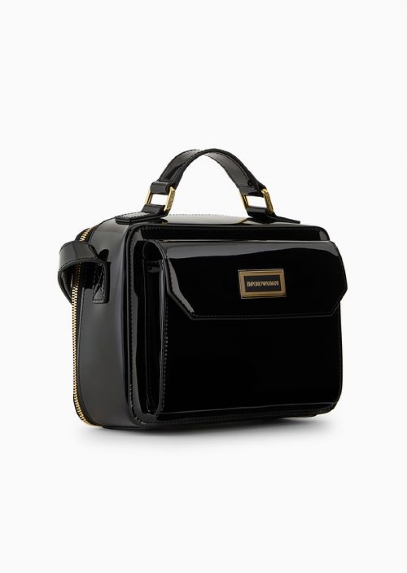 Black Logo Emporio Armani Mon Amour Patent Leather Bauletto Bag With Shoulder Strap | EA-SN59062