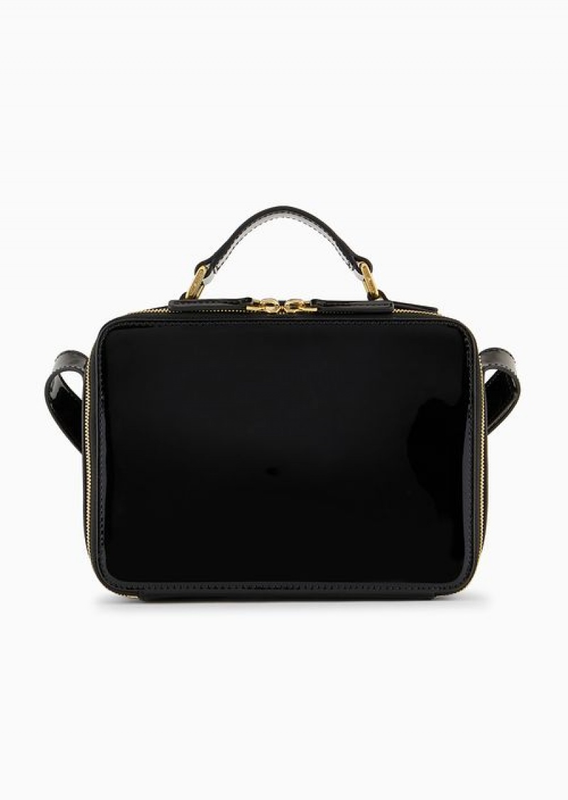 Black Logo Emporio Armani Mon Amour Patent Leather Bauletto Bag With Shoulder Strap | EA-SN59062