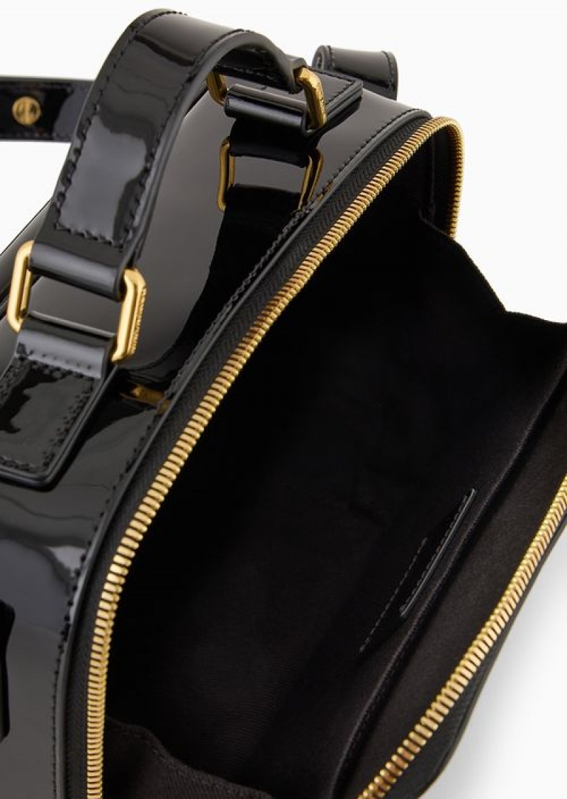 Black Logo Emporio Armani Mon Amour Patent Leather Bauletto Bag With Shoulder Strap | EA-SN59062