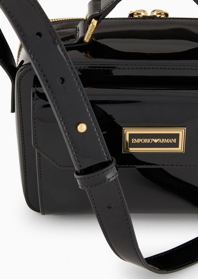 Black Logo Emporio Armani Mon Amour Patent Leather Bauletto Bag With Shoulder Strap | EA-SN59062