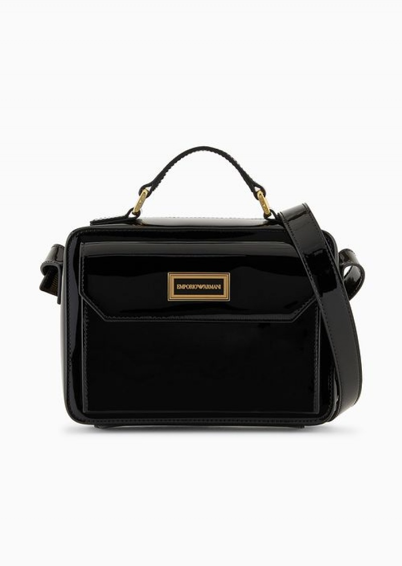 Black Logo Emporio Armani Mon Amour Patent Leather Bauletto Bag With Shoulder Strap | EA-SN59062