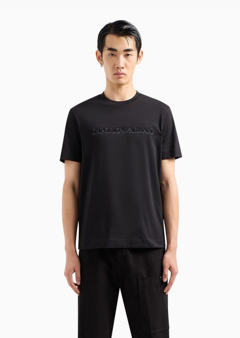 Black Logo Emporio Armani Pima-jersey T-shirt With Flocked Logo Print | EA-SN58589