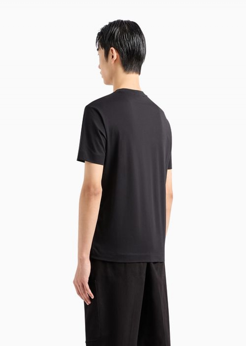 Black Logo Emporio Armani Pima-jersey T-shirt With Flocked Logo Print | EA-SN58589