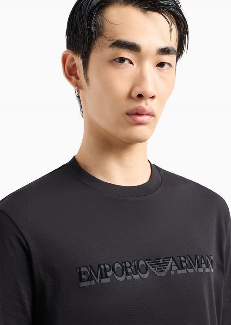 Black Logo Emporio Armani Pima-jersey T-shirt With Flocked Logo Print | EA-SN58589