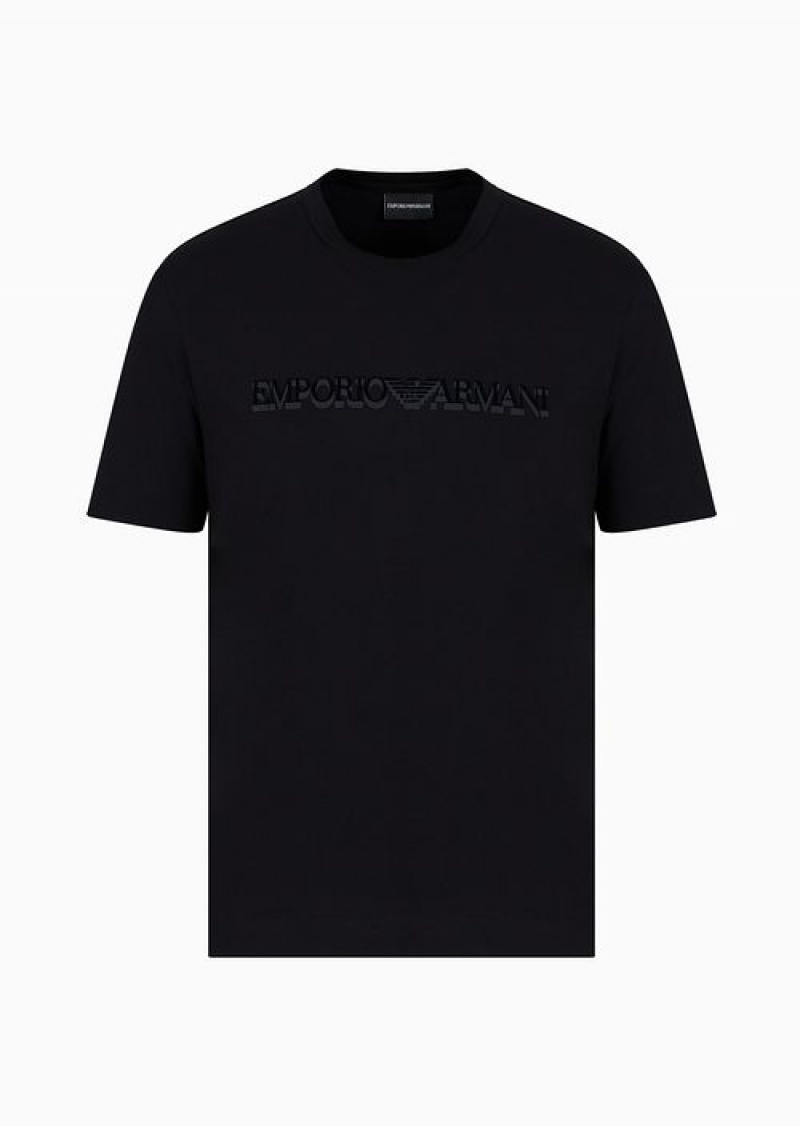 Black Logo Emporio Armani Pima-jersey T-shirt With Flocked Logo Print | EA-SN58589