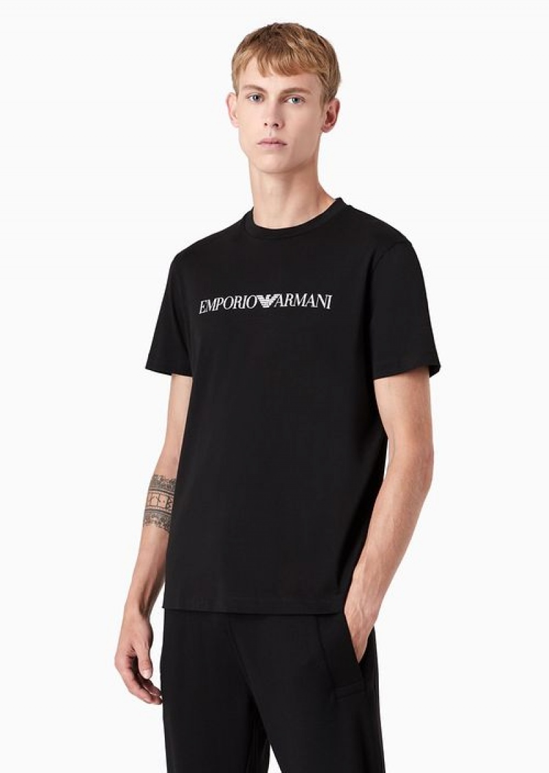 Black Logo Emporio Armani Pima-jersey T-shirt With Logo Print | EA-SN58758