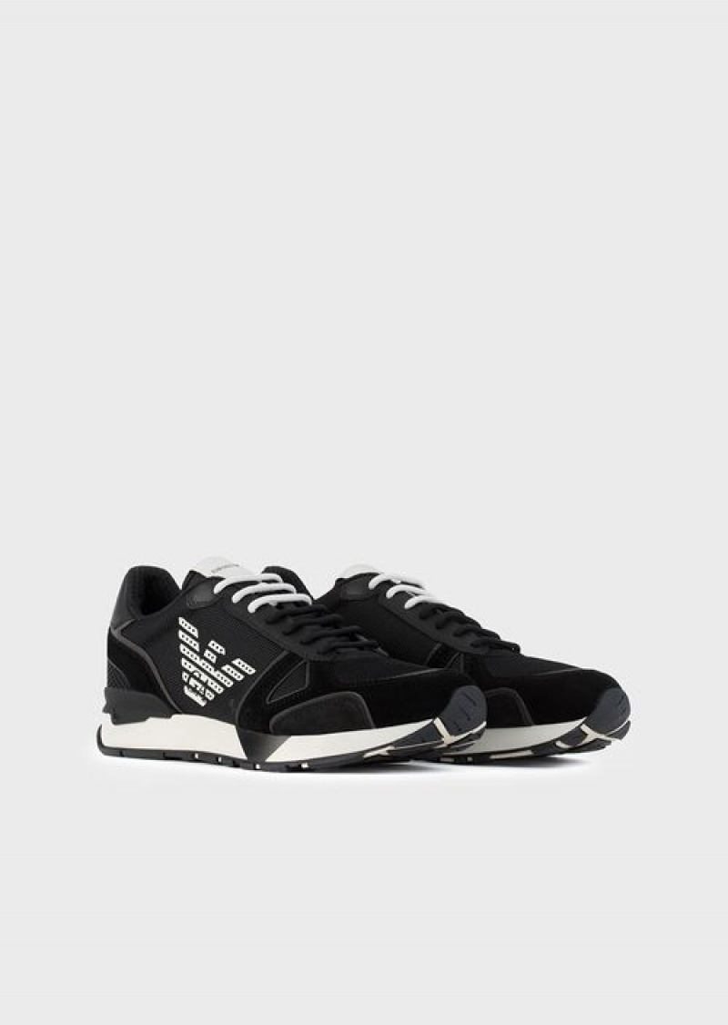 Black Logo Emporio Armani Suede Sneakers With Mesh-nubuck Inserts And Side Eagle | EA-SN58997