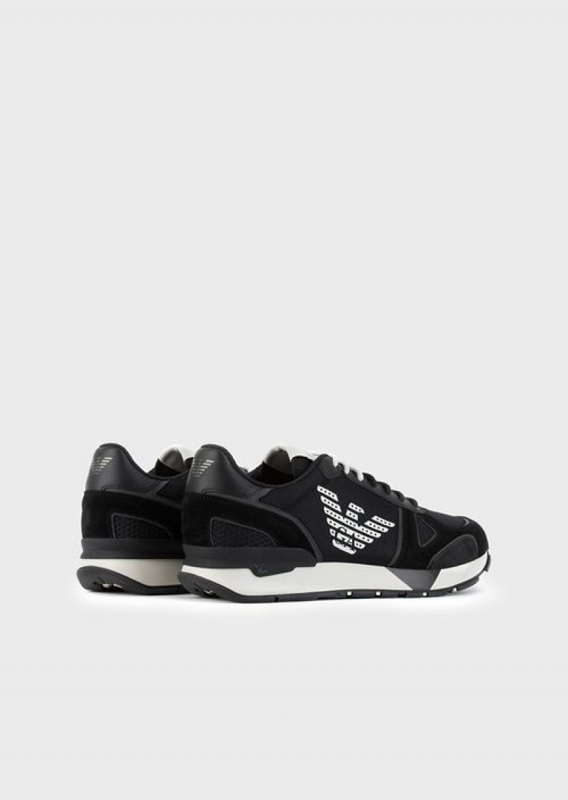 Black Logo Emporio Armani Suede Sneakers With Mesh-nubuck Inserts And Side Eagle | EA-SN58997