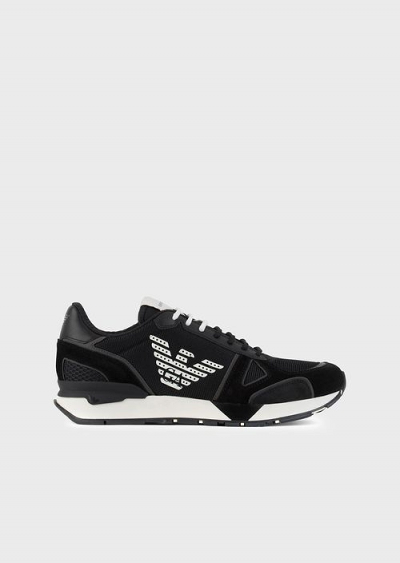 Black Logo Emporio Armani Suede Sneakers With Mesh-nubuck Inserts And Side Eagle | EA-SN58997