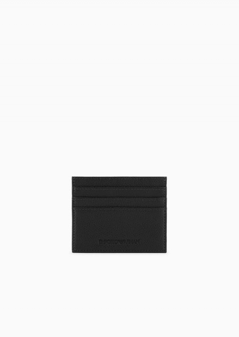 Black Logo Emporio Armani Tumbled Leather Card Holder | EA-SN59261