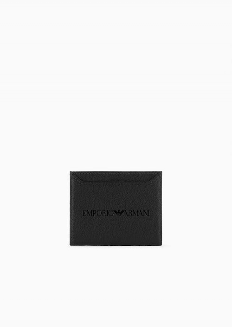 Black Logo Emporio Armani Tumbled Leather Card Holder | EA-SN59261