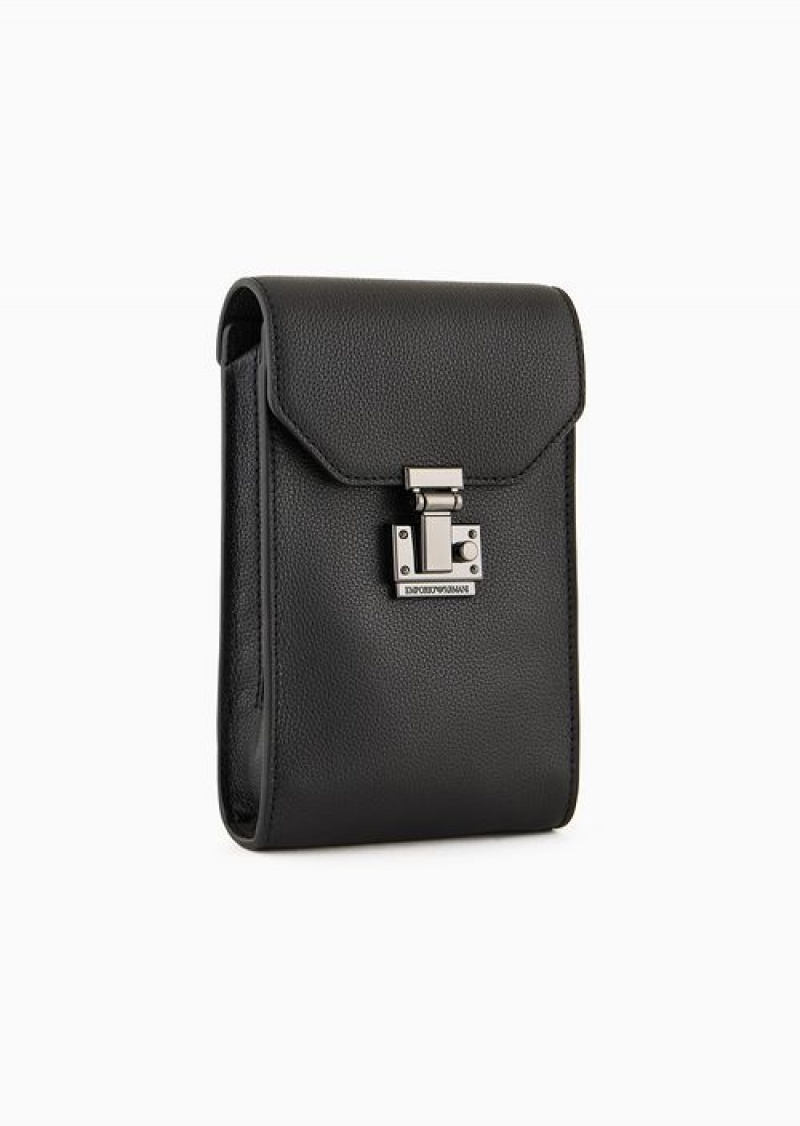 Black Logo Emporio Armani Tumbled-leather Tech Case With Shoulder Strap | EA-SN59262