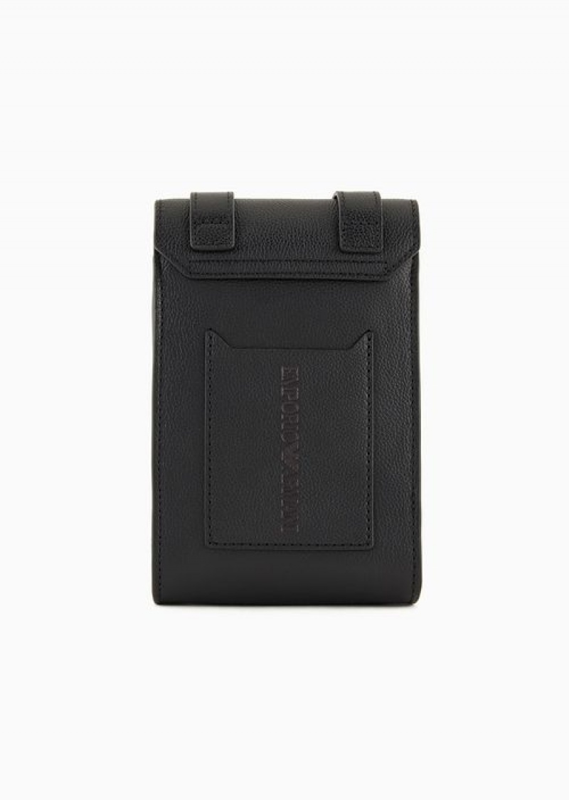 Black Logo Emporio Armani Tumbled-leather Tech Case With Shoulder Strap | EA-SN59262