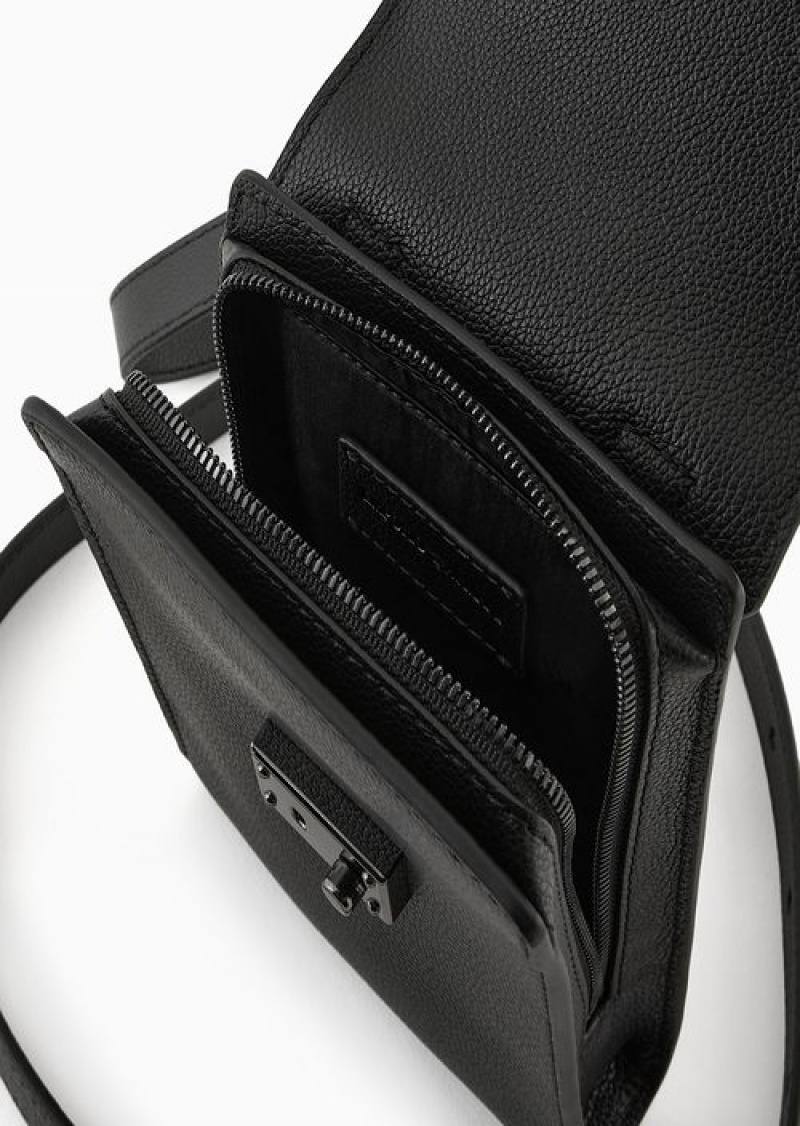 Black Logo Emporio Armani Tumbled-leather Tech Case With Shoulder Strap | EA-SN59262