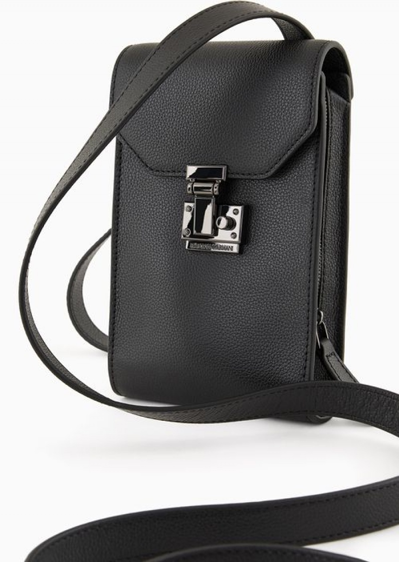 Black Logo Emporio Armani Tumbled-leather Tech Case With Shoulder Strap | EA-SN59262