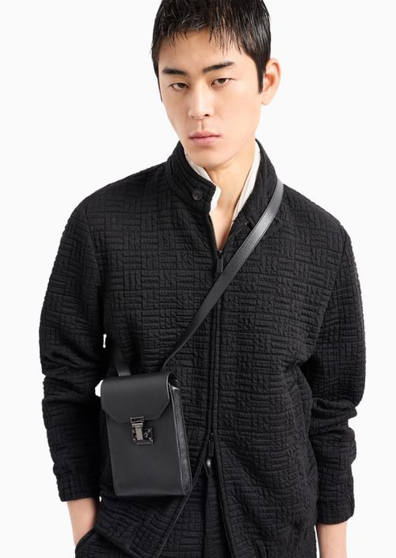 Black Logo Emporio Armani Tumbled-leather Tech Case With Shoulder Strap | EA-SN59262