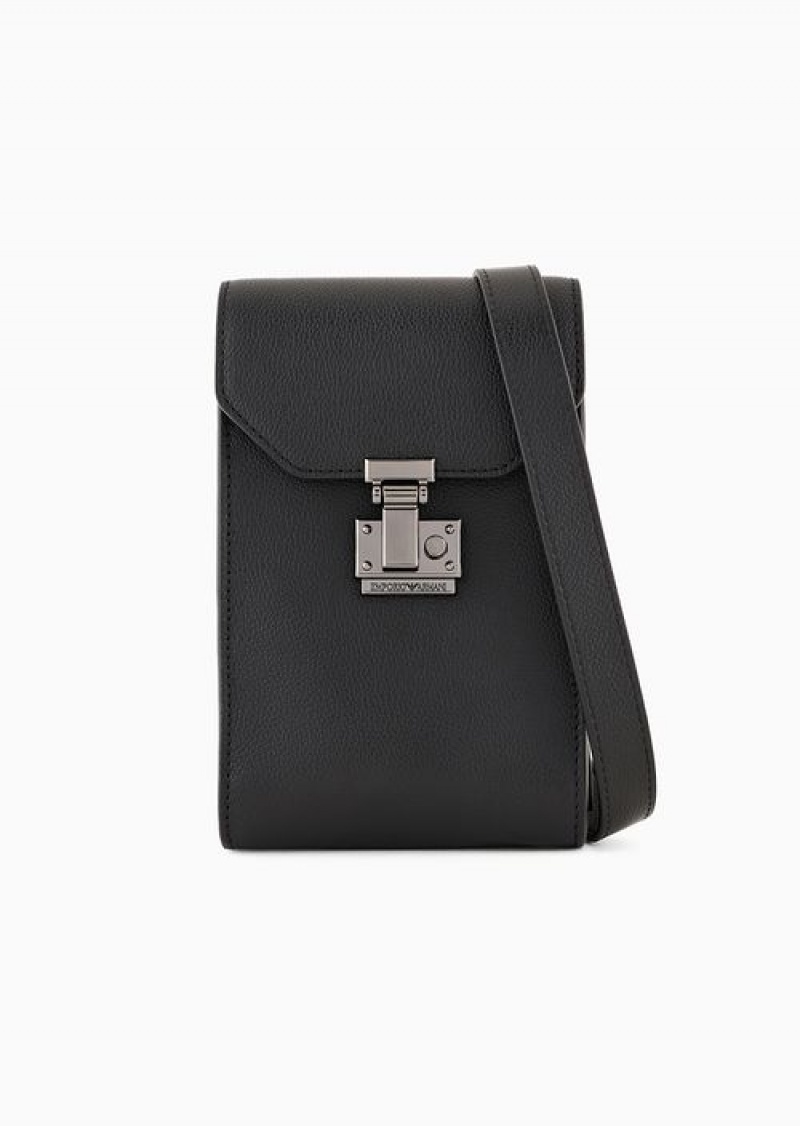 Black Logo Emporio Armani Tumbled-leather Tech Case With Shoulder Strap | EA-SN59262