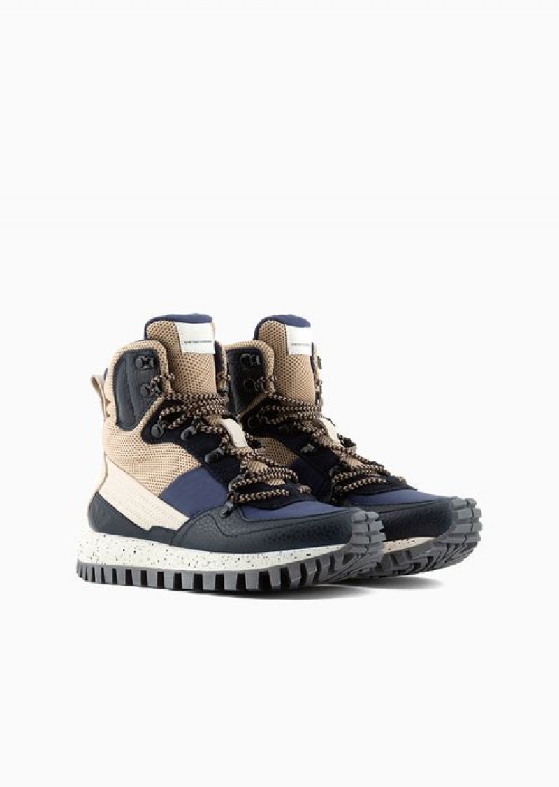 Blue Emporio Armani Asv Capsule Leather And Recycled Nylon Hiking High-top Sneakers | EA-SN58903