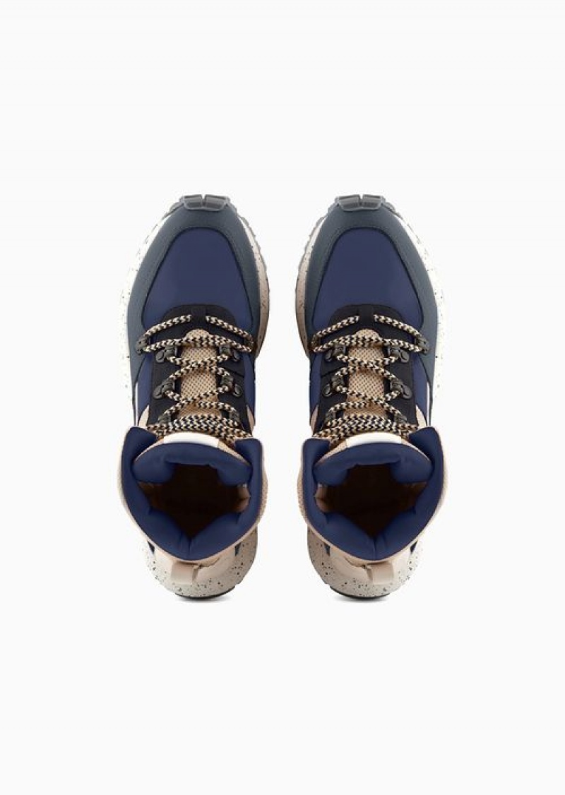 Blue Emporio Armani Asv Capsule Leather And Recycled Nylon Hiking High-top Sneakers | EA-SN58903