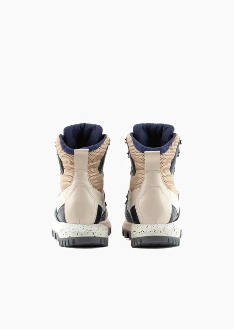 Blue Emporio Armani Asv Capsule Leather And Recycled Nylon Hiking High-top Sneakers | EA-SN58903