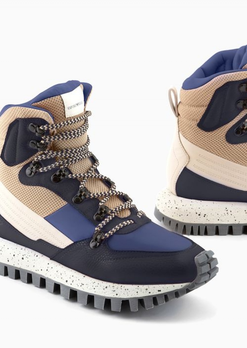 Blue Emporio Armani Asv Capsule Leather And Recycled Nylon Hiking High-top Sneakers | EA-SN58903