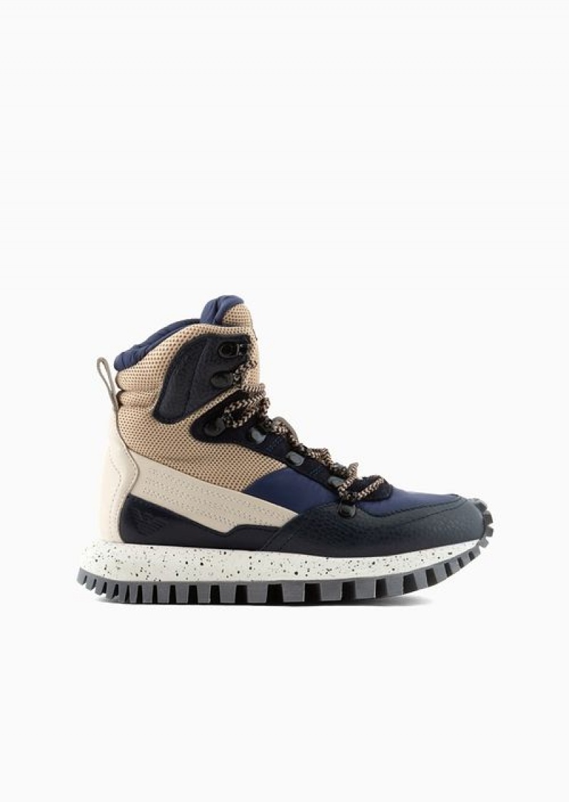 Blue Emporio Armani Asv Capsule Leather And Recycled Nylon Hiking High-top Sneakers | EA-SN58903