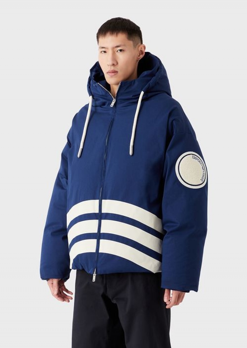 Blue Emporio Armani Asv Capsule Organic Gabardine Puffer Jacket With Igloo Hood | EA-SN58165