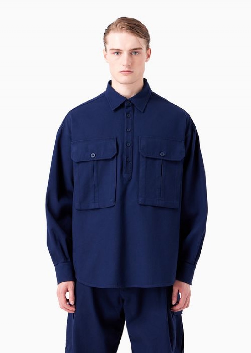 Blue Emporio Armani Asv Capsule Shirt In Organic Ribbed Fabric With Pockets | EA-SN57840