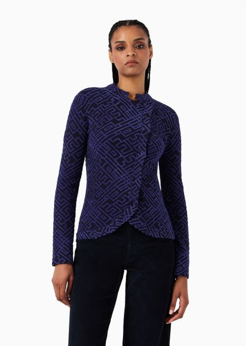 Blue Emporio Armani Asv Two-tone Graphic-design Jacquard Recycled Knit Wrap Jacket | EA-SN56437