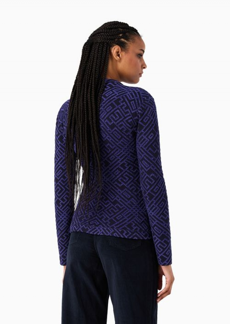 Blue Emporio Armani Asv Two-tone Graphic-design Jacquard Recycled Knit Wrap Jacket | EA-SN56437