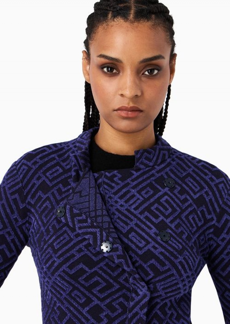 Blue Emporio Armani Asv Two-tone Graphic-design Jacquard Recycled Knit Wrap Jacket | EA-SN56437