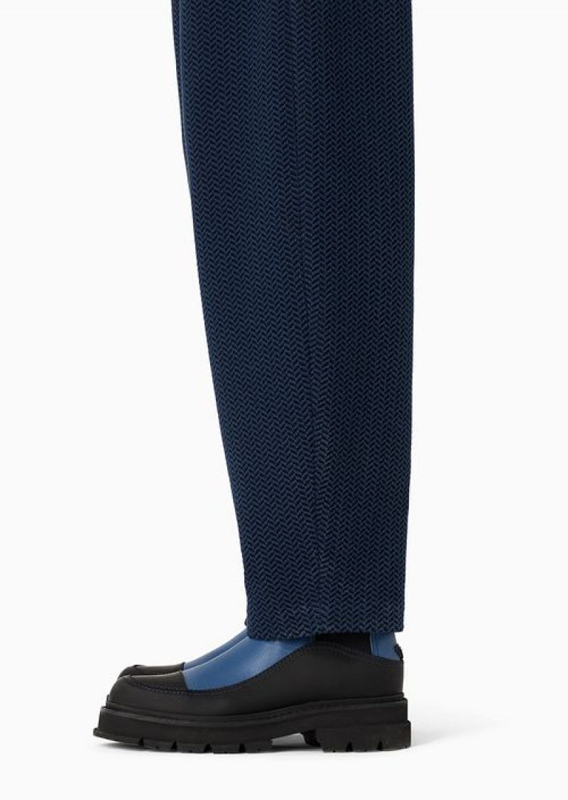 Blue Emporio Armani Chevron-motif, Tubular-weave Jersey Trousers | EA-SN56821