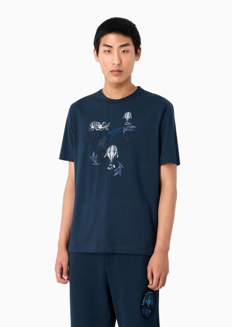 Blue Emporio Armani Cotton Jersey T-shirt With Resort Capsule Collection Print And Embroidery | EA-SN58581