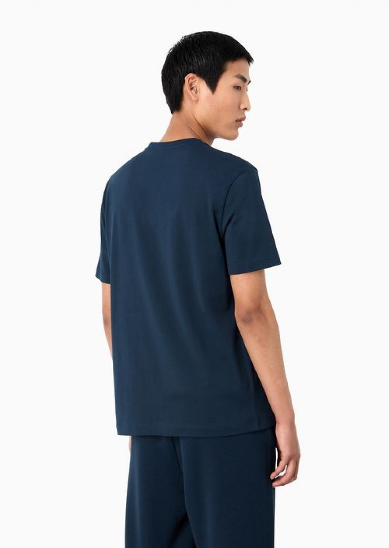 Blue Emporio Armani Cotton Jersey T-shirt With Resort Capsule Collection Print And Embroidery | EA-SN58581