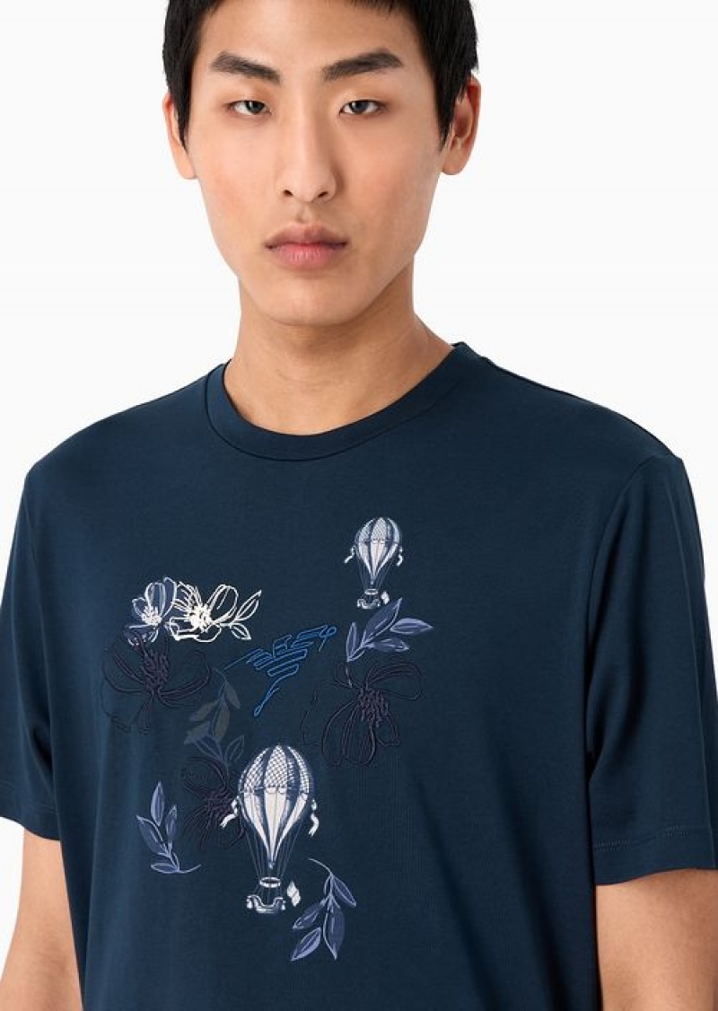 Blue Emporio Armani Cotton Jersey T-shirt With Resort Capsule Collection Print And Embroidery | EA-SN58581