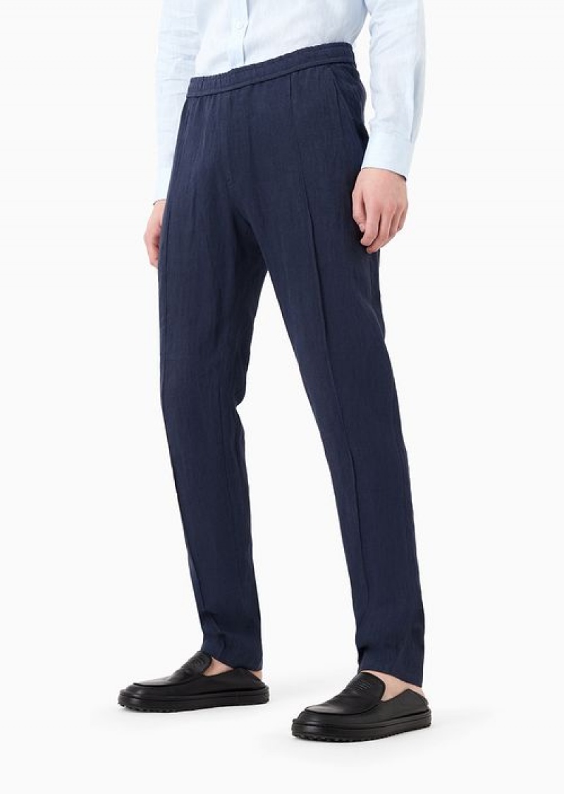 Blue Emporio Armani CrêPe-effect Faded Linen Trousers With Ribbing | EA-SN58375