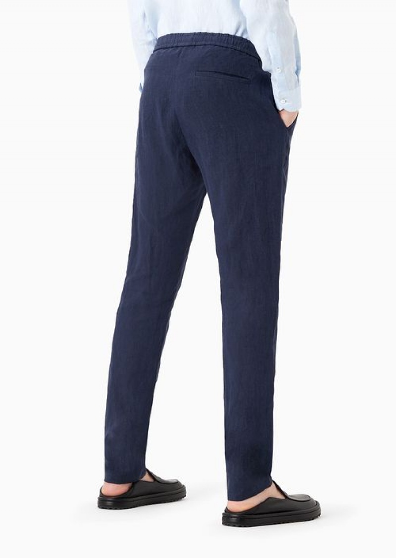 Blue Emporio Armani CrêPe-effect Faded Linen Trousers With Ribbing | EA-SN58375