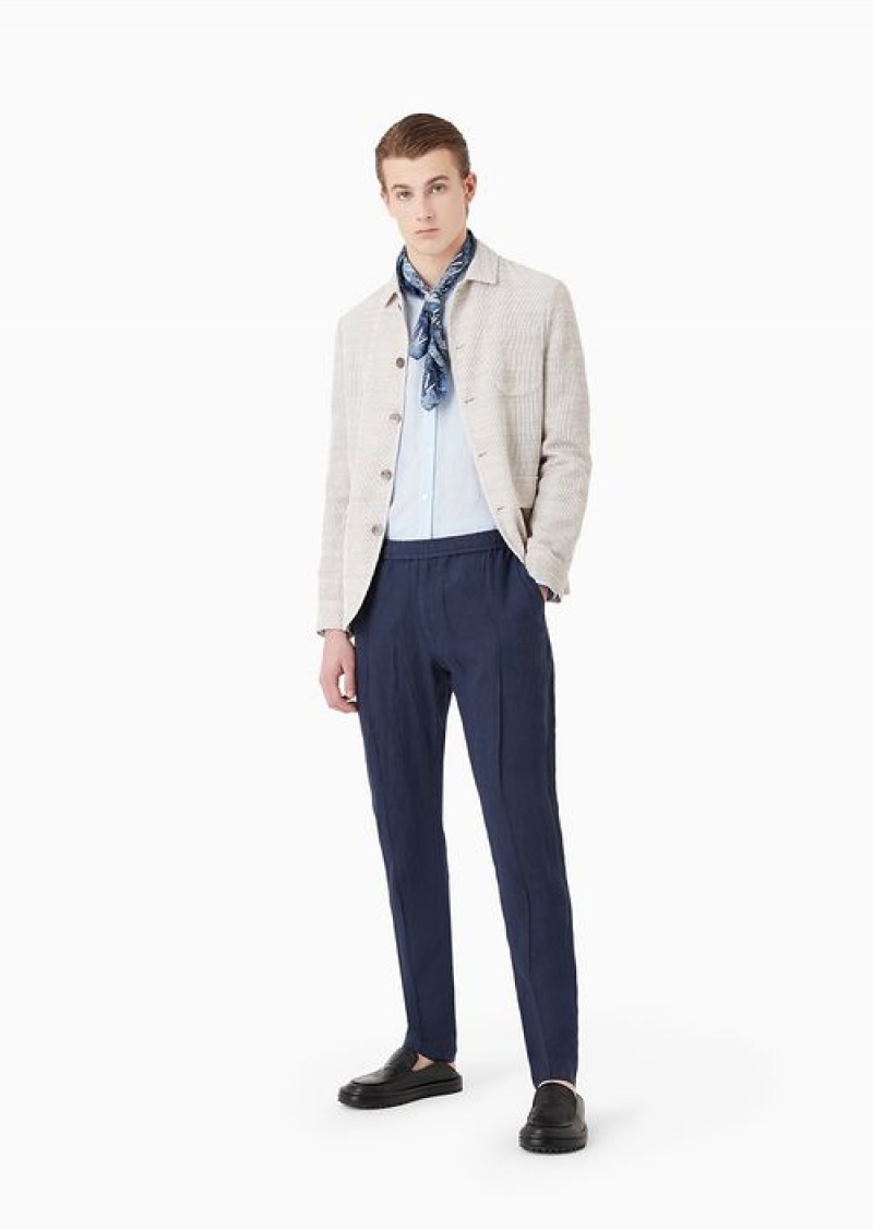 Blue Emporio Armani CrêPe-effect Faded Linen Trousers With Ribbing | EA-SN58375