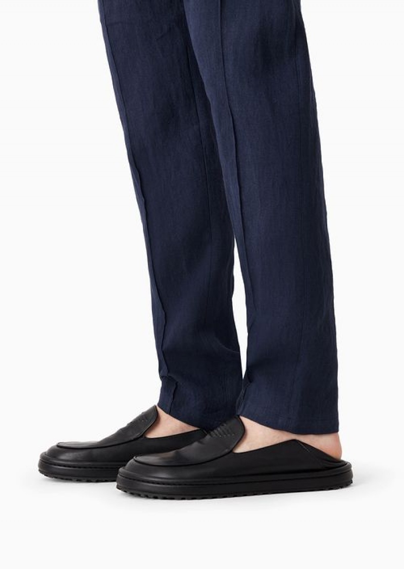 Blue Emporio Armani CrêPe-effect Faded Linen Trousers With Ribbing | EA-SN58375