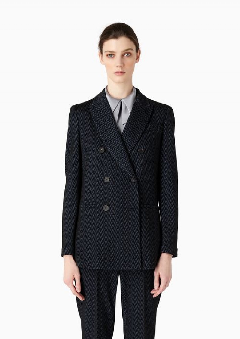 Blue Emporio Armani Double-breasted Blazer In Jacquard Jersey With A Chevron Motif | EA-SN56445